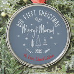 "Our 1st Christmas Married" White Quote Name Metal Ornament<br><div class="desc">"Our 1st Christmas Married" Quote White Calligraphy Text Keepsake Christmas Ornament.</div>