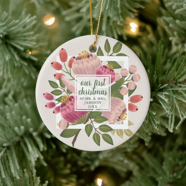 Our 1st Christmas Mr Mrs Personalized Boho Florals Ceramic Ornament (Tree)