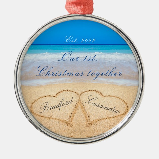 Our 1st Christmas Together. Couples Names in Heart Metal Ornament (Front)