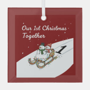 Our 1st Christmas Together   Cute Snowman Couple  Glass Ornament