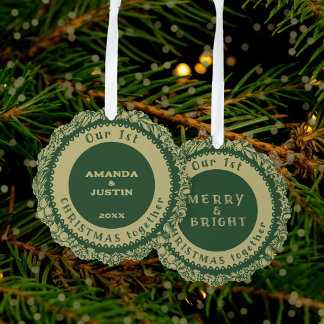Our 1st Christmas together Gold Wreath on green - Ornament Card