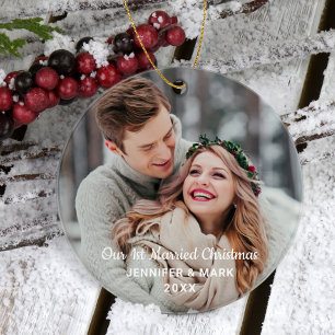 Our 1st Married Modern Wedding Photo Ceramic Ornament