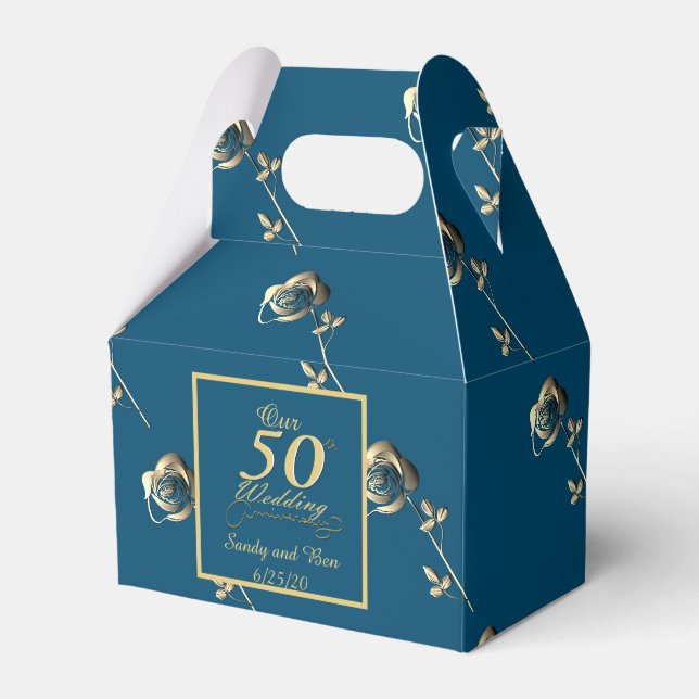 "Our 50th Wedding Anniversary" Blue&Pale Gold Rose Favor Box (Front Side)