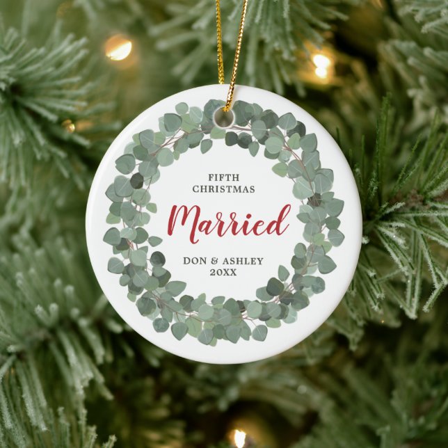 Our 5th Christmas Married Personalized Sage Green Ceramic Ornament (Tree)