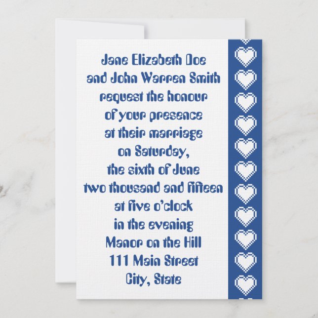 Our 8-Bit Hearts in Blue Wedding Invitation (Front)