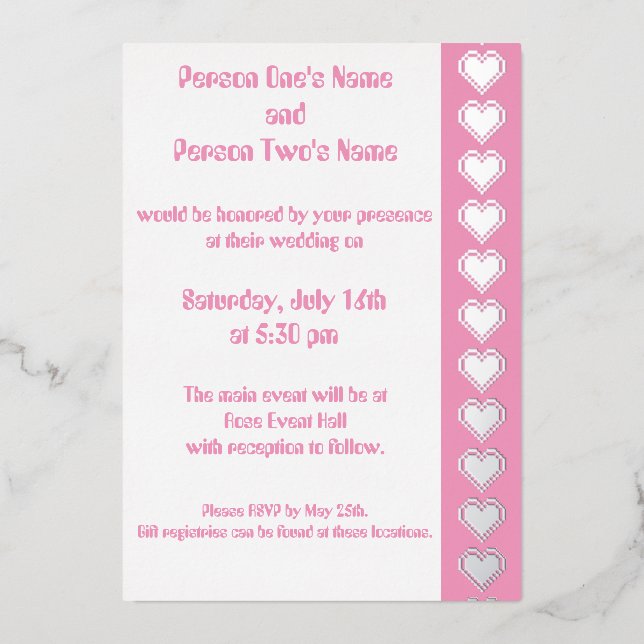 Our 8-Bit Hearts in Petal Pink Foil Invitation (Front)
