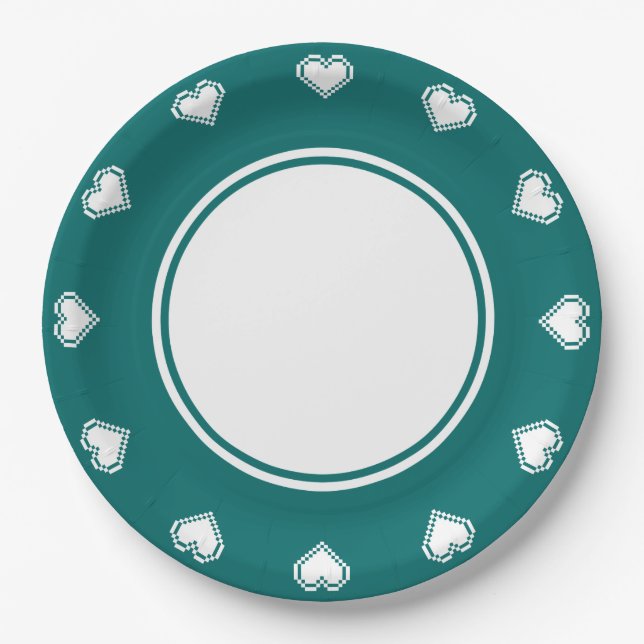 Our 8-Bit Hearts in Teal Paper Plate (Front)