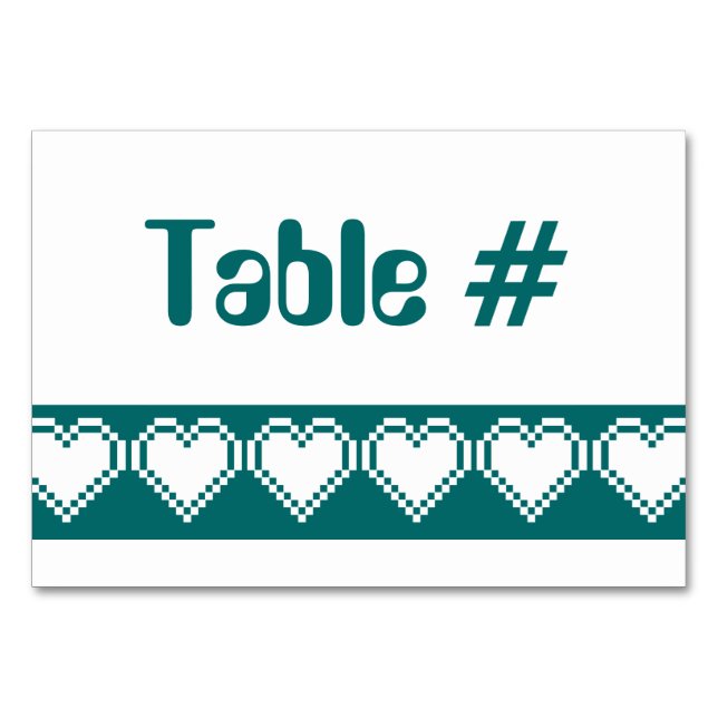 Our 8-Bit Hearts in Teal Table Card (Front)