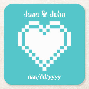 Our 8-Bit Hearts in Turquoise Paper Coaster