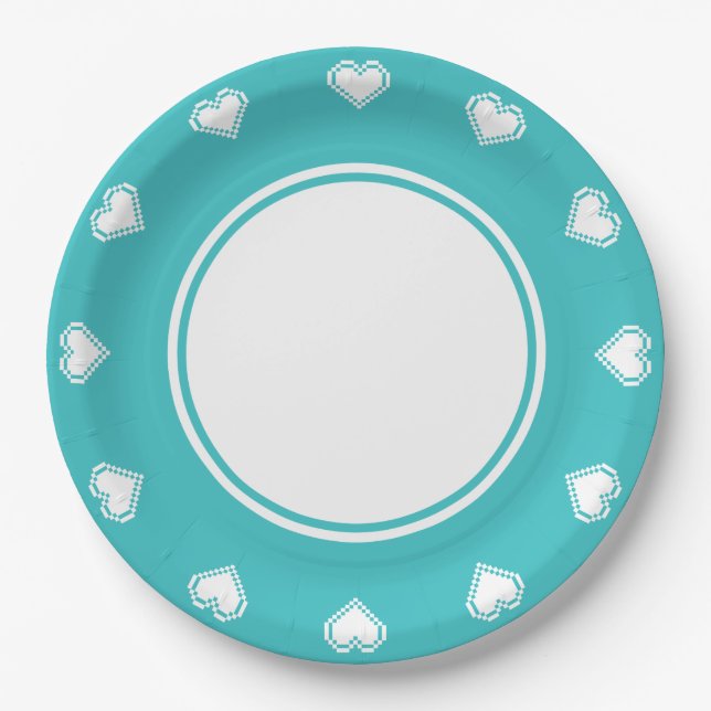 Our 8-Bit Hearts in Turquoise Paper Plate (Front)