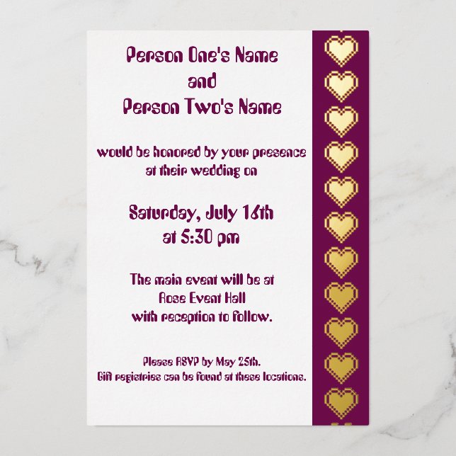 Our 8-Bit Hearts in Wine Foil Invitation (Front)