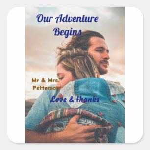 Our adventure begins add couple photo love &thanks square sticker