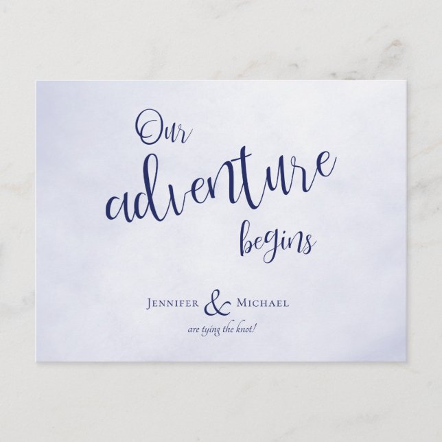 Our adventure begins blue typographic wedding announcement postcard (Front)