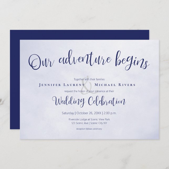 Our adventure begins blue typographic wedding invitation (Front/Back)