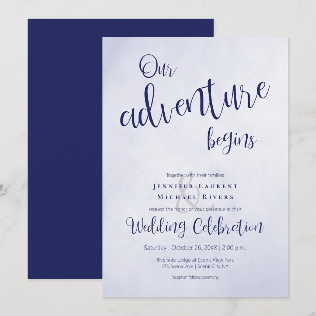 Our adventure begins blue typographic wedding invitation (Front/Back)