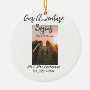 Our Adventure begins couple photo love & thanks Ceramic Ornament