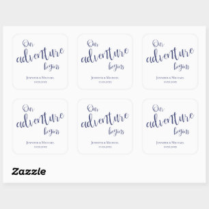 Our adventure begins dk blue typography wedding square sticker