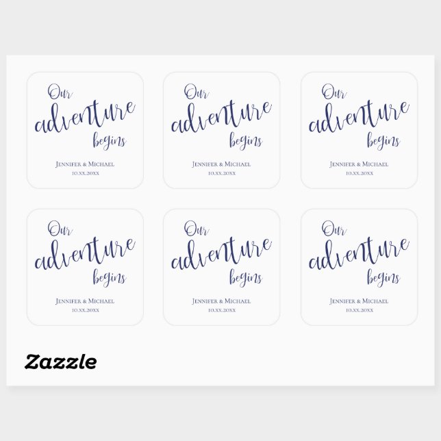 Our adventure begins dk blue typography wedding square sticker (Sheet)