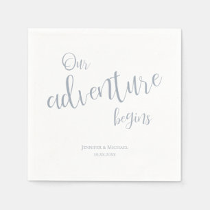 Our adventure begins dusty blue typography wedding napkin