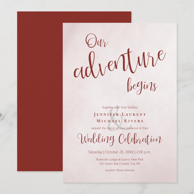 Our adventure begins maroon calligraphy wedding invitation (Front/Back)