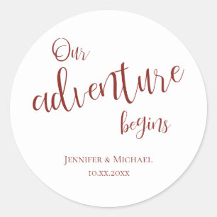 Our adventure begins maroon typography wedding classic round sticker