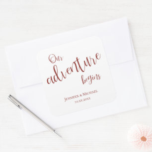 Our adventure begins maroon typography wedding square sticker