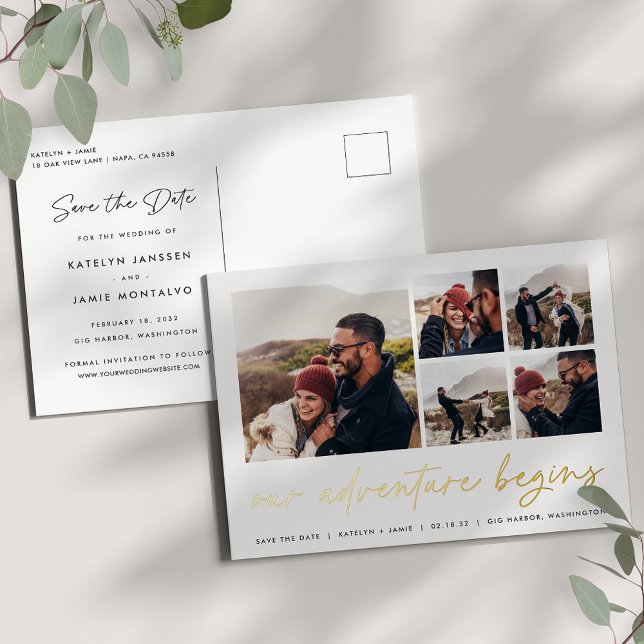 Our Adventure Begins | Multi Photo Save The Date Foil Invitation Postcard (Creator Uploaded)