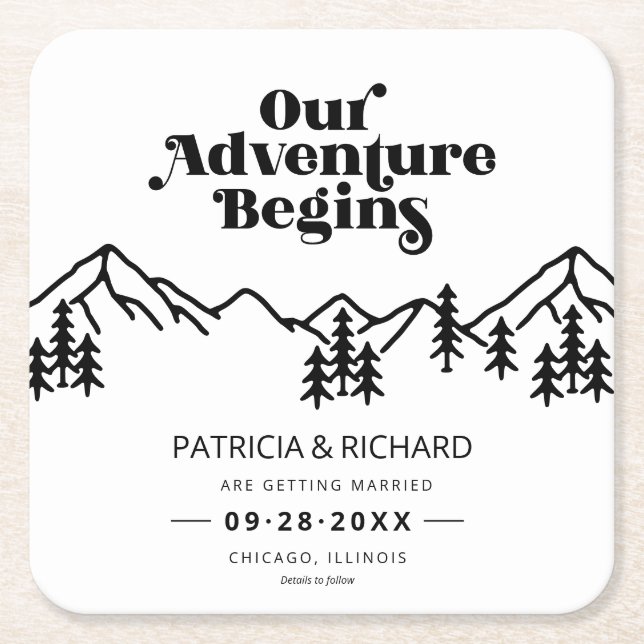 Our Adventure Begins Outdoor Wedding Save The Date Square Paper Coaster (Front)