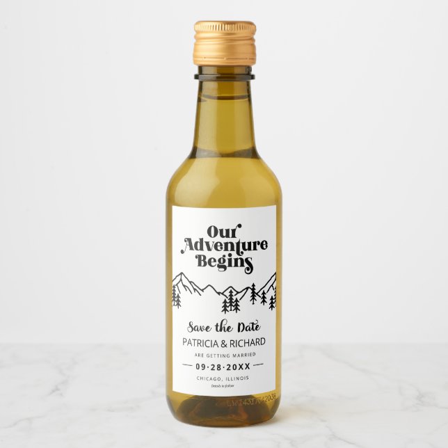 Our Adventure Begins Outdoor Wedding Save The Date Wine Label (Front)