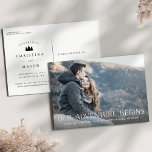 Our Adventure Begins | Photo Save the Date Announcement Postcard<br><div class="desc">A rustic save the date photo postcard for the outdoorsy and adventurous couple, designed to accommodate your favourite horizontal or landscape oriented full-bleed engagement photo. "Our Adventure Begins" appears as a white overlay along the bottom, with your names, wedding date and wedding location beneath. Postcards reverse to show additional save...</div>
