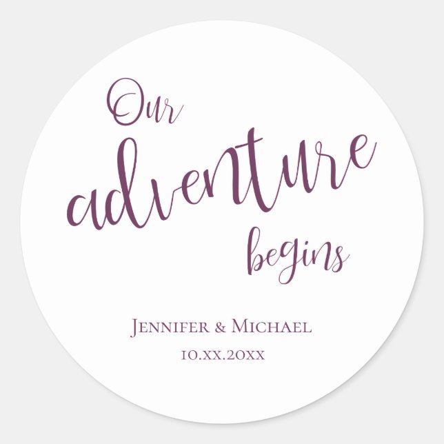 Our adventure begins plum typography wedding classic round sticker (Front)