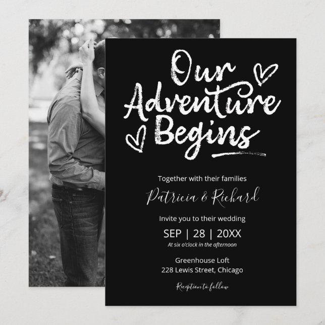 Our Adventure Begins Rustic Wedding Black Invitation (Front/Back)