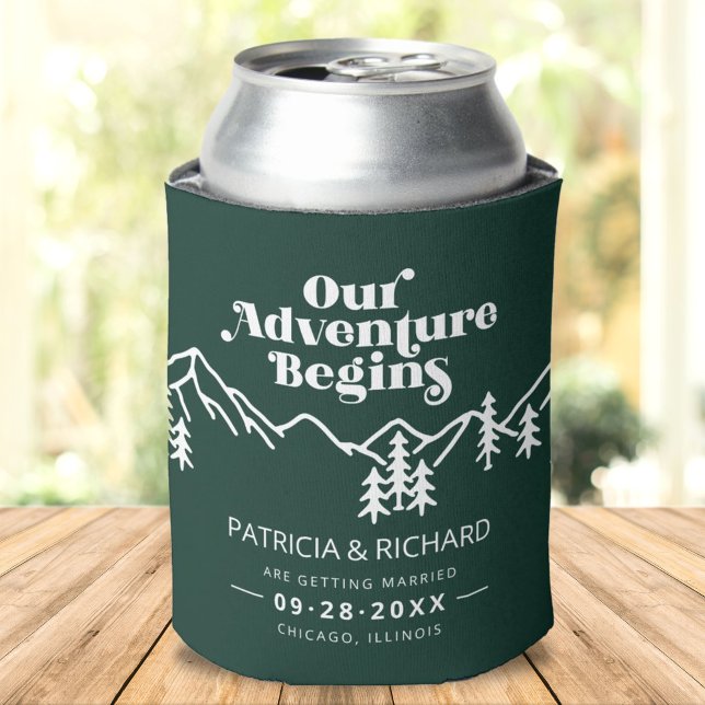 Our Adventure Begins Save The Date Forest Green Can Cooler (Creator Uploaded)