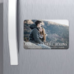 Our Adventure Begins | Save the Date Magnet<br><div class="desc">A rustic save the date photo magnet for the outdoorsy and adventurous couple,  designed to accommodate your favourite horizontal or landscape oriented full-bleed engagement photo. "Our Adventure Begins" appears as a white overlay along the bottom,  with your names,  wedding date and wedding location beneath.</div>
