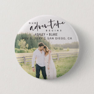 Our Adventure Begins Script Photo Save the Date 2 Inch Round Button
