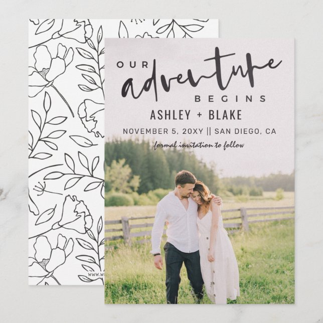 Our Adventure Begins Script Photo Save the Date Announcement (Front/Back)