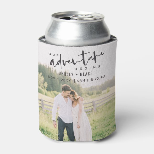 Our Adventure Begins Script Photo Save the Date Can Cooler (Can Front)