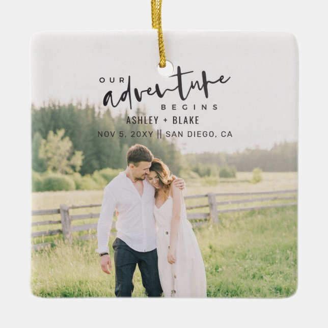 Our Adventure Begins Script Photo Save the Date Ceramic Ornament (Front)