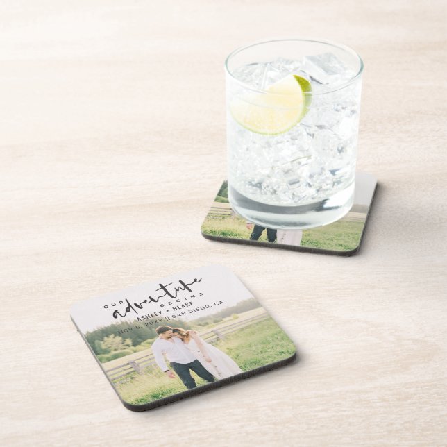 Our Adventure Begins Script Photo Save the Date Coaster (Right Side)