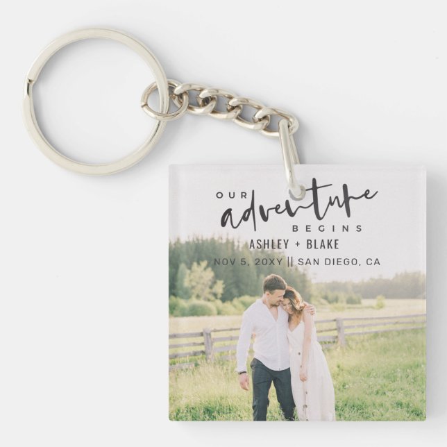 Our Adventure Begins Script Photo Save the Date Keychain (Front)