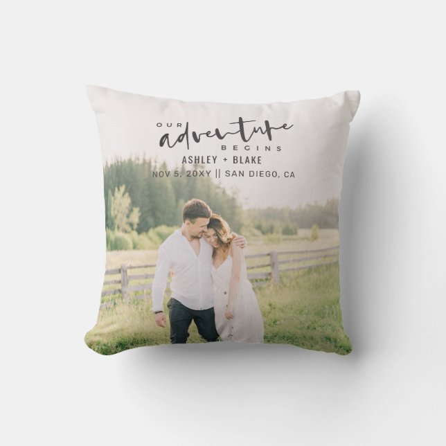 Our Adventure Begins Script Photo Save the Date Throw Pillow (Front)
