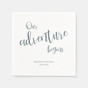 Our adventure begins teal typography wedding napkin
