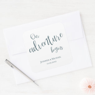 Our adventure begins teal typography wedding square sticker