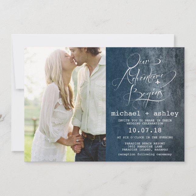 Our Adventure Begins Wedding Invitation with Photo (Front)