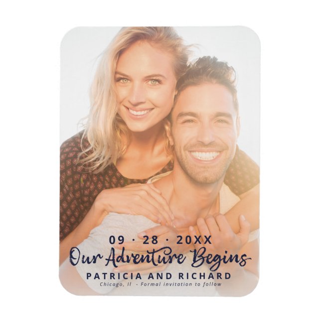 Our Adventure Begins Wedding Save The Date Photo Magnet (Vertical)