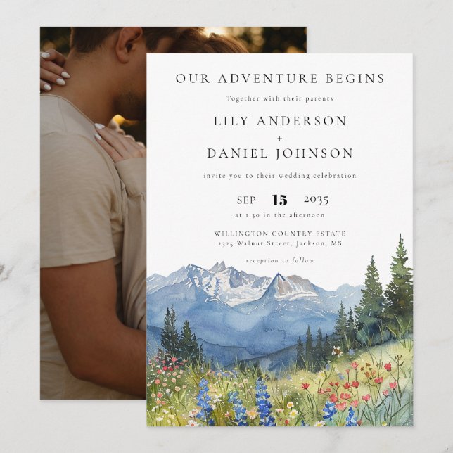 Our Adventure Mountain Wildflowers Photo Wedding Invitation (Front/Back)