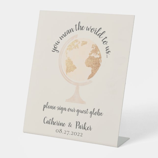 Our Adventure World Globe Map Travel Gold Wedding Pedestal Sign (Front)