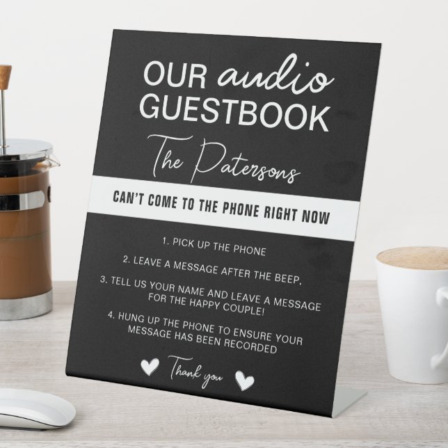 Our Audio Guestbook Minimalist Black White Elegant Pedestal Sign (In SItu)