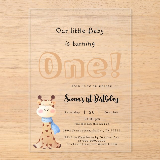 Our Baby Is Turning One Cute Giraffe 1st Birthday Acrylic Invitations (Front)