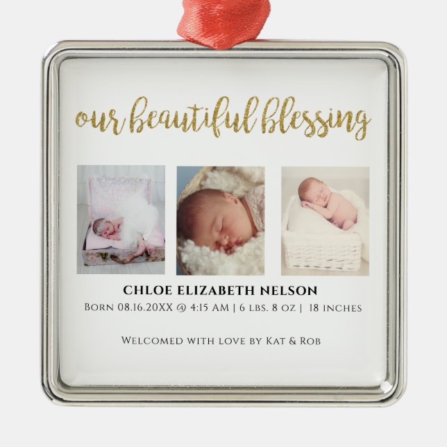 Our Beautiful Blessing 3 Photo Gold Glitter Modern Metal Ornament (Front)